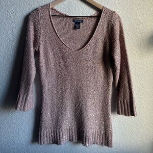 🤎Max Edition Tan Brown V-Neck Sequin Quarter Sleeve Sweater